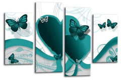 LR Butterfly Heart Wall Art Picture – Teal & White Floral Abstract Framed 4 Panel Split Canvas Print | Ready to Hang | Modern Wall Art for Living Room, Bedroom & Office
