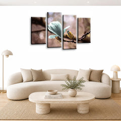 LR Floral Wall Art Picture – Grey & Duck Egg Framed 4 Panel Split Canvas Print | Ready to Hang | Modern Wall Art for Living Room, Bedroom & Office
