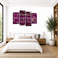 LR Family Love Quote Wall Art Picture – Purple & Cream Framed 4 Panel Split Canvas Print | Ready to Hang | Modern Wall Art for Living Room, Bedroom & Office