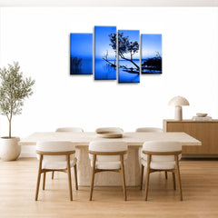 LR Sunset Landscape Wall Art Picture – Grey, Blue & Brown Floral Framed 4 Panel Split Canvas Print | Ready to Hang | Modern Wall Art for Living Room, Bedroom & Office
