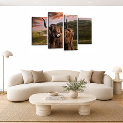 LR Large Highland Cattle Wall Art Picture Framed 4 Panel Split Canvas Print | Ready to Hang | Modern Wall Art for Living Room, Bedroom & Office