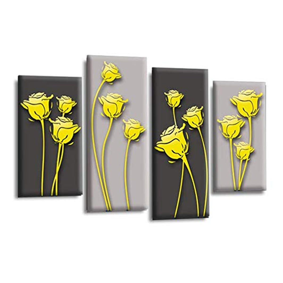 LR Floral Rose Wall Art Picture – Grey & Yellow Framed 4 Panel Split Canvas Print | Ready to Hang | Modern Wall Art for Living Room, Bedroom & Office