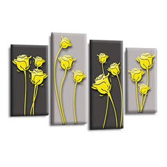 LR Floral Rose Wall Art Picture – Grey & Yellow Framed 4 Panel Split Canvas Print | Ready to Hang | Modern Wall Art for Living Room, Bedroom & Office