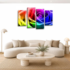 LR Wall Art Floral Rainbow Rose Artwork Set of 4 Wall Art Picture Framed 4 Panel Split Canvas Print | Ready to Hang | Modern Wall Art for Living Room, Bedroom & Office