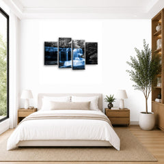 LR Waterfall Wall Art Picture – Grey, Blue & Duck Egg Forest Framed 4 Panel Split Canvas Print | Ready to Hang | Modern Wall Art for Living Room, Bedroom & Office
