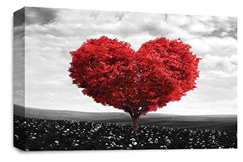 LR Floral Love Heart Tree Wall Art Picture – Grey & Red Framed Canvas Print | Ready to Hang | Modern Wall Art for Living Room, Bedroom & Office