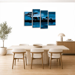 LR Elephant Sunset Wall Art Picture – Grey, Blue & Brown African Framed 4 Panel Split Canvas Print | Ready to Hang | Modern Wall Art for Living Room, Bedroom & Office