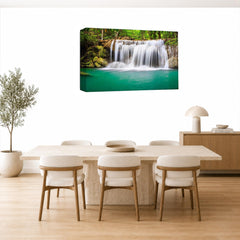 LR Teal Green Waterfall Wall Art Picture – Grey & Forest Framed Canvas Print | Ready to Hang | Modern Wall Art for Living Room, Bedroom & Office