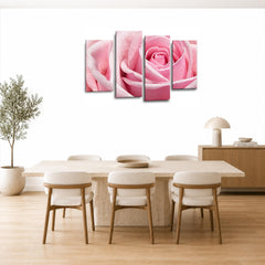 LR Floral Pink Rose Love Art Wall Art Picture – Grey & White Framed 4 Panel Split Canvas Print | Ready to Hang | Modern Wall Art for Living Room, Bedroom & Office