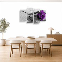 LR Purple Rose Floral Wall Art Picture Framed 4 Panel Split Canvas Print | Ready to Hang | Modern Wall Art for Living Room, Bedroom & Office