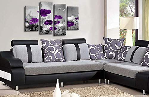 LR Floral Wall Art Grey Purple Chinese Poppy Flower Canvas Split Picture Love Landscape Print