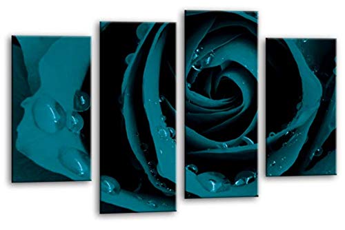 LR Floral Rose Wall Art Picture – Grey & Teal Framed 4 Panel Split Canvas Print | Ready to Hang | Modern Wall Art for Living Room, Bedroom & Office
