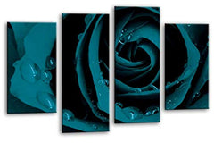 LR Floral Rose Wall Art Picture – Grey & Teal Framed 4 Panel Split Canvas Print | Ready to Hang | Modern Wall Art for Living Room, Bedroom & Office