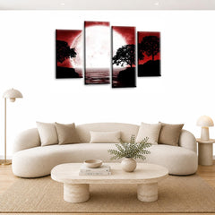 LR Landscape Wall Art Picture – Red, Black & White Floral Framed 4 Panel Split Canvas Print | Ready to Hang | Modern Wall Art for Living Room, Bedroom & Office