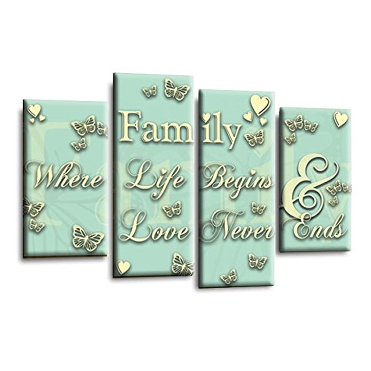 LR Family Wall Art Picture – Cream & Duck Egg Love Quote Framed 4 Panel Split Canvas Print | Ready to Hang | Modern Wall Art for Living Room, Bedroom & Office
