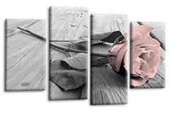LR Floral Pink Rose Love Wall Art Picture – Grey & White Quote Framed 4 Panel Split Canvas Print | Ready to Hang | Modern Wall Art for Living Room, Bedroom & Office