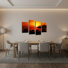 LR Elephant Sunset Wall Art Picture – Grey & Orange African Framed 4 Panel Split Canvas Print | Ready to Hang | Modern Wall Art for Living Room, Bedroom & Office