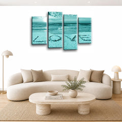 LR Love Beach Wall Art Picture – Grey & Teal Sunset Seascape Framed 4 Panel Split Canvas Print | Ready to Hang | Modern Wall Art for Living Room, Bedroom & Office
