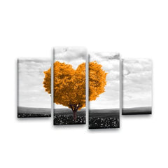 LR Floral Love Heart Wall Art Picture – Grey & Orange Tree Framed 4 Panel Split Canvas Print | Ready to Hang | Modern Wall Art for Living Room, Bedroom & Office