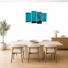 LR Floral Abstract Wall Art Picture – Grey & Teal Butterfly Framed 4 Panel Split Canvas Print | Ready to Hang | Modern Wall Art for Living Room, Bedroom & Office