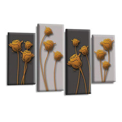 LR Orange Floral Rose Wall Art Picture – Grey Framed 4 Panel Split Canvas Print | Ready to Hang | Modern Wall Art for Living Room, Bedroom & Office
