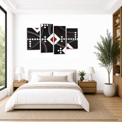 LR Red Abstract Wall Art Picture – Black & White Modern Framed 4 Panel Split Canvas Print | Ready to Hang | Modern Wall Art for Living Room, Bedroom & Office