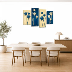 LR Floral Rose Wall Art Picture – Blue & Cream Framed 4 Panel Split Canvas Print | Ready to Hang | Modern Wall Art for Living Room, Bedroom & Office