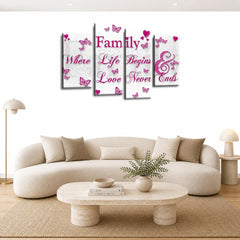 LR Family Love Quote Wall Art Picture – Pink & White Framed 4 Panel Split Canvas Print | Ready to Hang | Modern Wall Art for Living Room, Bedroom & Office