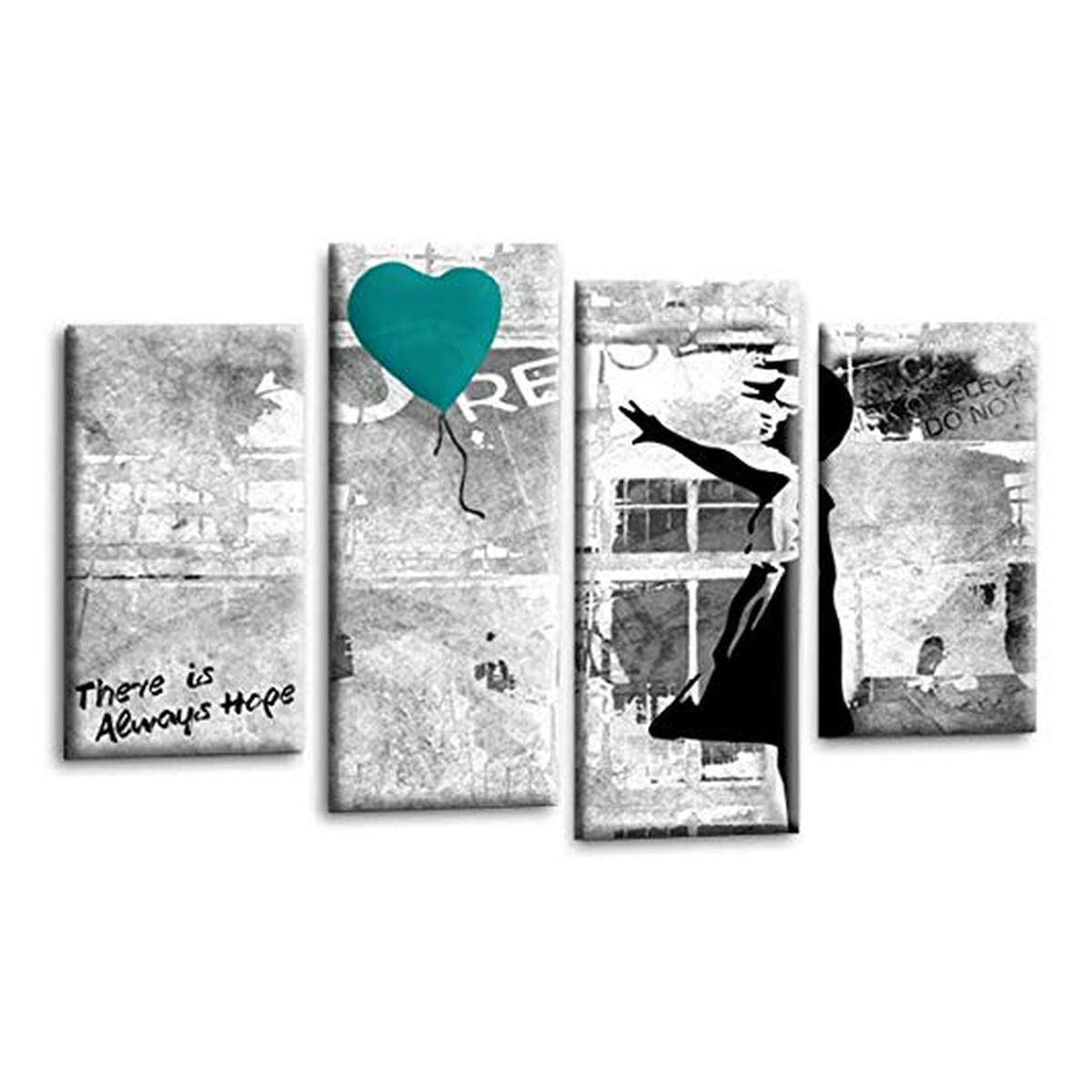 LR Banksy Heart Wall Art Picture – Grey & Teal Graffiti Art Framed 4 Panel Split Canvas Print | Ready to Hang | Modern Wall Art for Living Room, Bedroom & Office