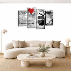 LR Banksy Heart Wall Art Picture – Grey & Red Graffiti Art Framed 4 Panel Split Canvas Print | Ready to Hang | Modern Wall Art for Living Room, Bedroom & Office