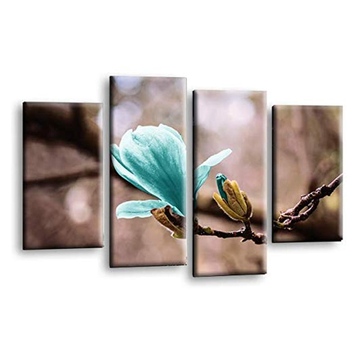 LR Floral Rose Wall Art Picture – Grey & Teal Framed 4 Panel Split Canvas Print | Ready to Hang | Modern Wall Art for Living Room, Bedroom & Office