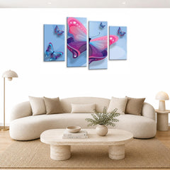 LR Butterfly Heart Wall Art Picture – Blue & Pink Floral Abstract Framed 4 Panel Split Canvas Print | Ready to Hang | Modern Wall Art for Living Room, Bedroom & Office