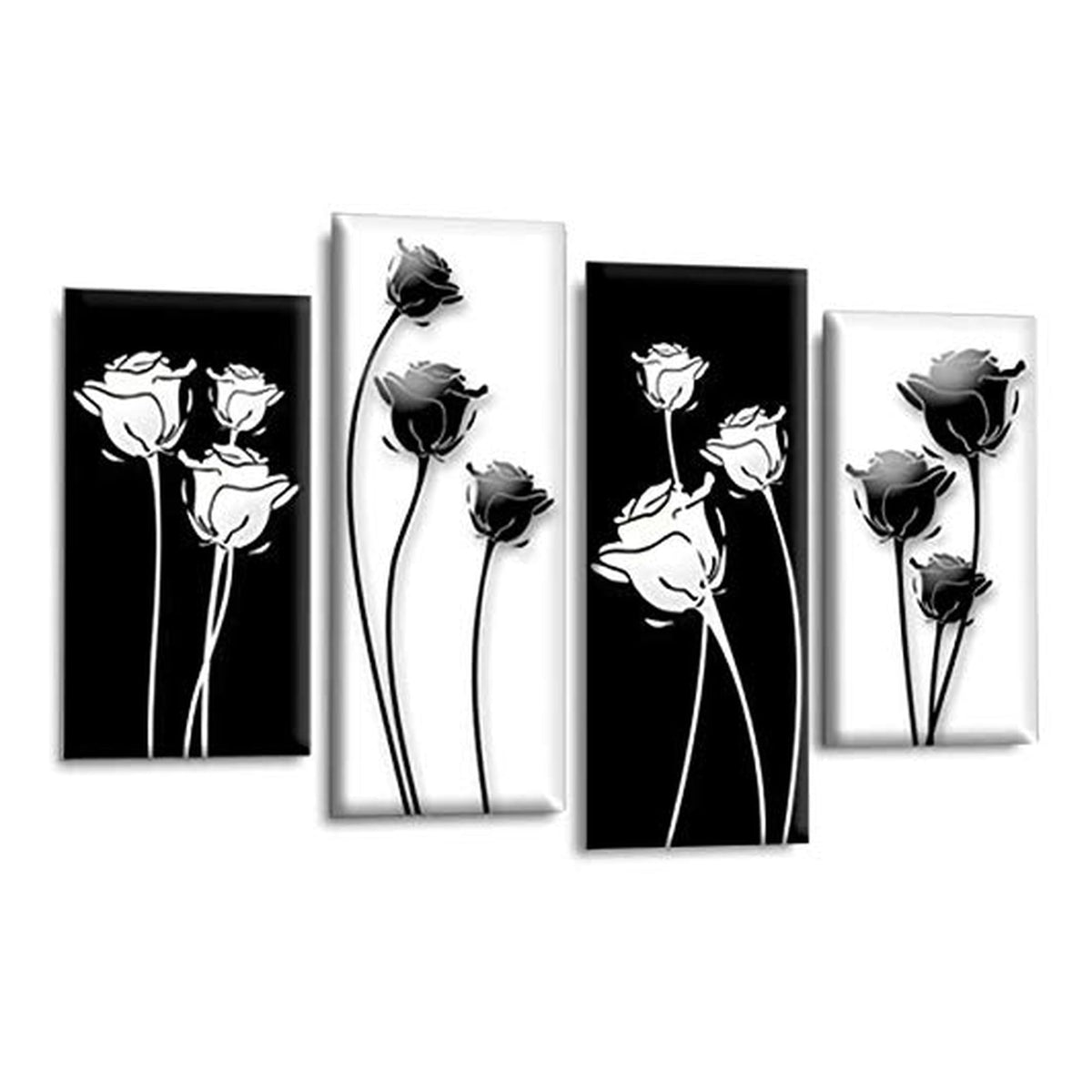 LR Floral Rose Wall Art Picture – Grey, Black & White Framed 4 Panel Split Canvas Print | Ready to Hang | Modern Wall Art for Living Room, Bedroom & Office