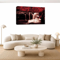 LR Waterfall Wall Art Picture – Grey, Red & White Forest Framed Canvas Print | Ready to Hang | Modern Wall Art for Living Room, Bedroom & Office