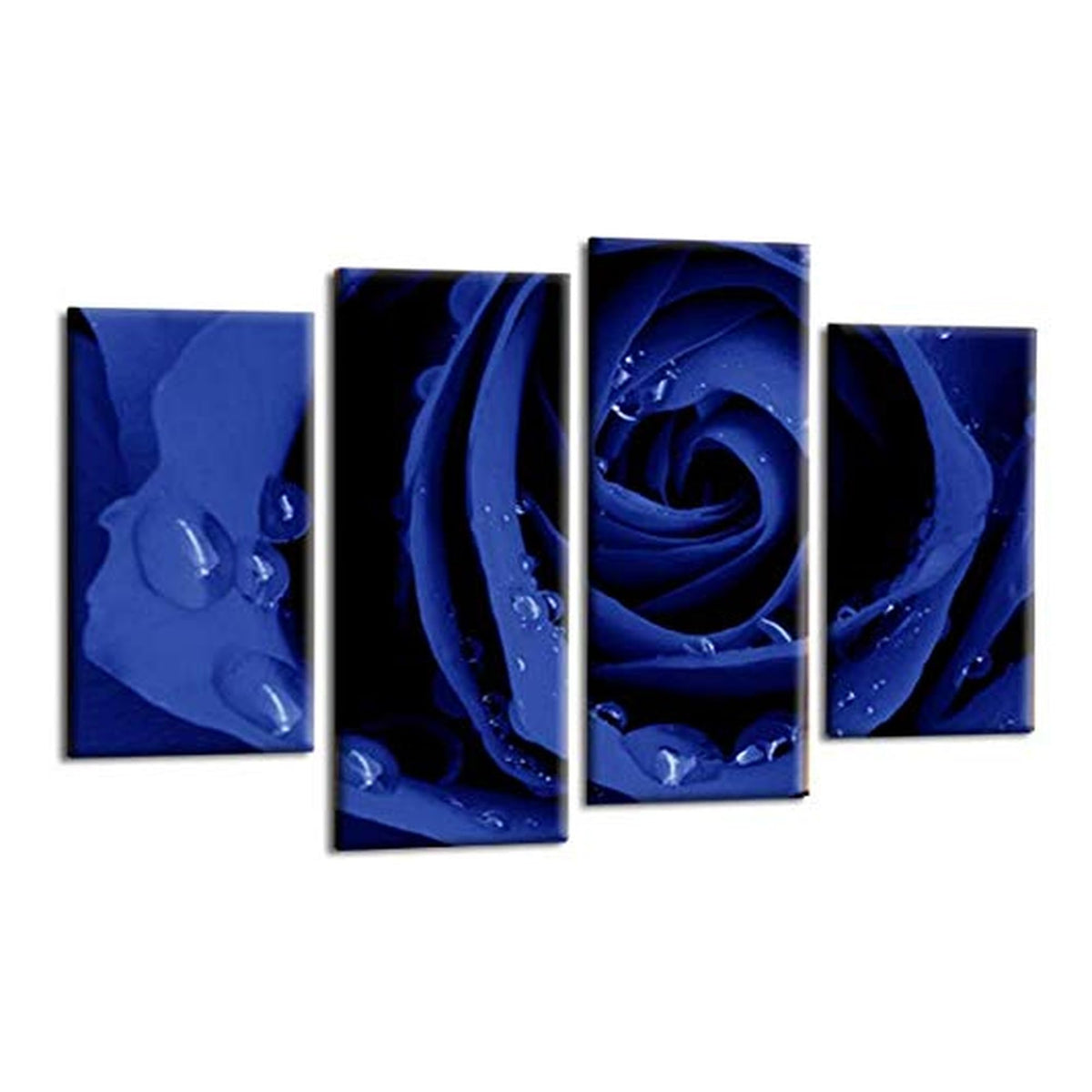 LR Floral Grey Rose Wall Art Picture – Blue Framed 4 Panel Split Canvas Print | Ready to Hang | Modern Wall Art for Living Room, Bedroom & Office