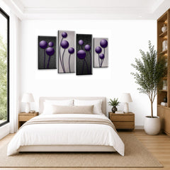 LR Purple Floral Rose Wall Art Picture – Grey Framed 4 Panel Split Canvas Print | Ready to Hang | Modern Wall Art for Living Room, Bedroom & Office