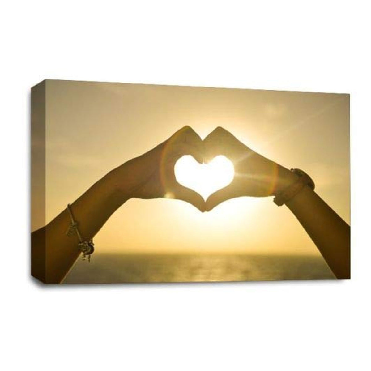LR Love Heart Sunset Hands Wall Art Picture – Yellow, Gold & Orange Framed Canvas Print | Ready to Hang | Modern Wall Art for Living Room, Bedroom & Office