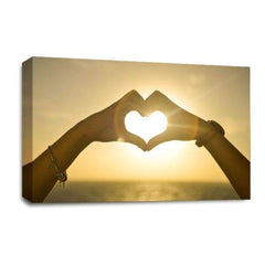 LR Love Heart Sunset Hands Wall Art Picture – Yellow, Gold & Orange Framed Canvas Print | Ready to Hang | Modern Wall Art for Living Room, Bedroom & Office