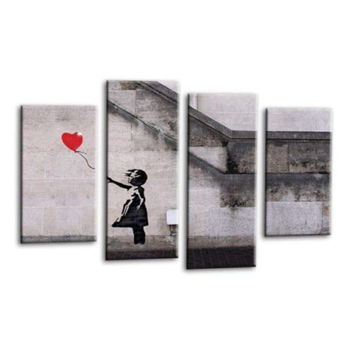 LR Banksy Wall Art Picture – Grey & Red Graffiti Art Framed 4 Panel Split Canvas Print | Ready to Hang | Modern Wall Art for Living Room, Bedroom & Office