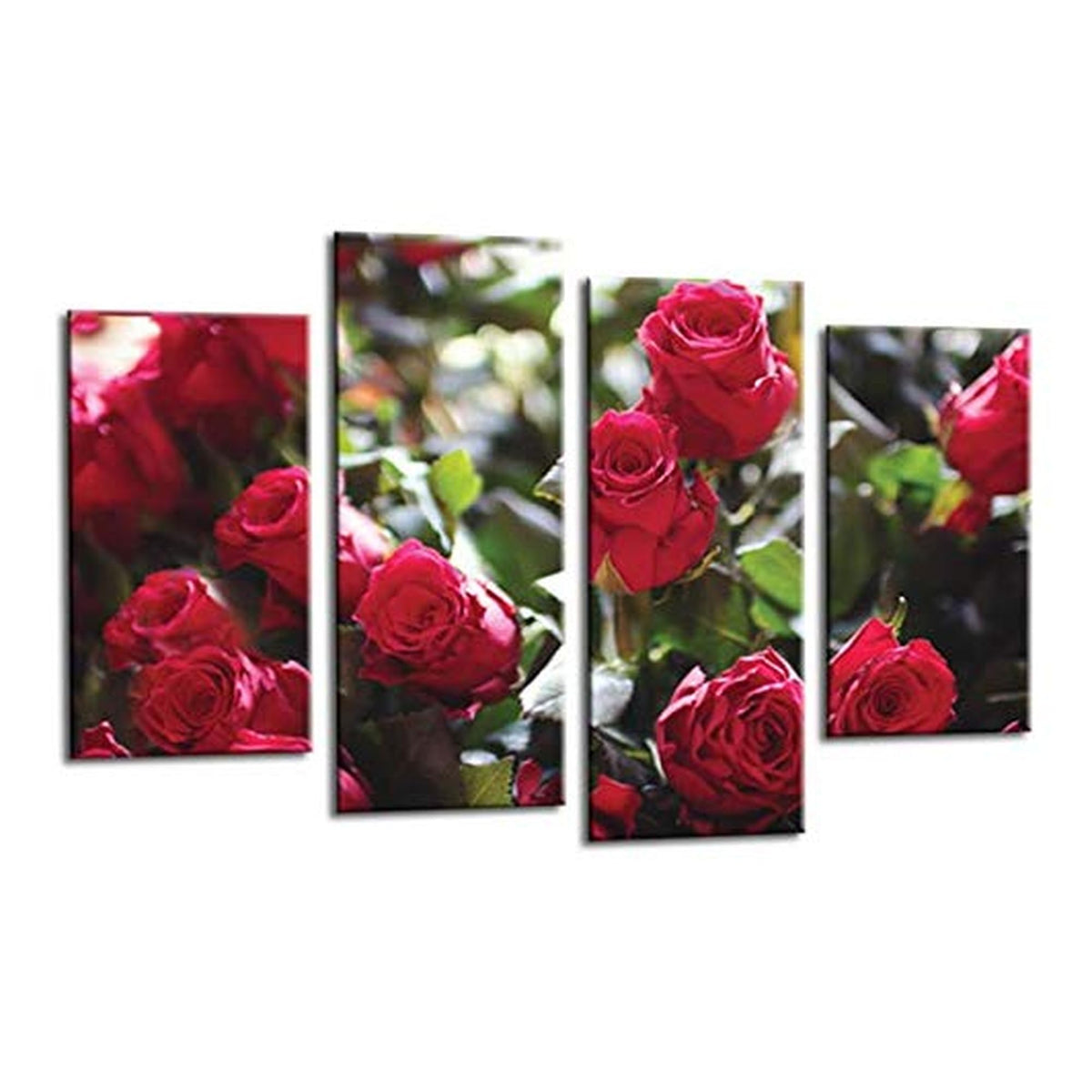 LR Red Floral Rose Wall Art Picture Framed 4 Panel Split Canvas Print | Ready to Hang | Modern Wall Art for Living Room, Bedroom & Office