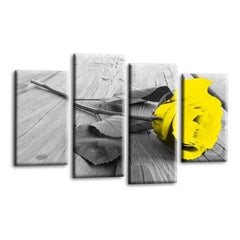 LR Floral Yellow Rose Wall Art Picture – Grey & White Framed 4 Panel Split Canvas Print | Ready to Hang | Modern Wall Art for Living Room, Bedroom & Office