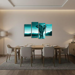 LR Elephant Sunset Wall Art Picture – Grey & Teal African Framed 4 Panel Split Canvas Print | Ready to Hang | Modern Wall Art for Living Room, Bedroom & Office