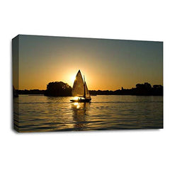 LR Sunset Beach Wall Art Picture Sailing Boat Lake Seascape Framed Canvas Print Ready to Hang RH