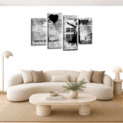 LR Banksy Heart Wall Art Picture – Grey & Black Graffiti Art Framed 4 Panel Split Canvas Print | Ready to Hang | Modern Wall Art for Living Room, Bedroom & Office