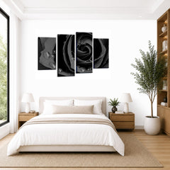 LR Floral Rose Wall Art Picture – Grey & Black Framed 4 Panel Split Canvas Print | Ready to Hang | Modern Wall Art for Living Room, Bedroom & Office