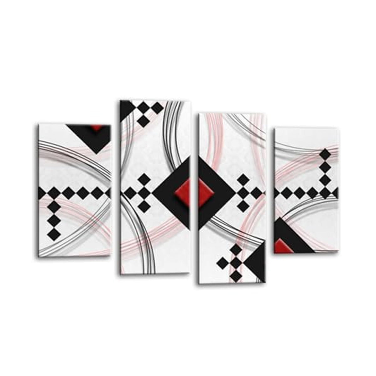 LR Red Abstract Wall Art Picture – Black & White Modern Framed 4 Panel Split Canvas Print | Ready to Hang | Modern Wall Art for Living Room, Bedroom & Office