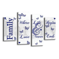 LR Family Love Quote Wall Art Picture – Blue & White Framed 4 Panel Split Canvas Print | Ready to Hang | Modern Wall Art for Living Room, Bedroom & Office
