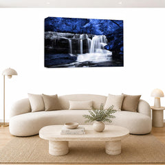 LR Waterfall Wall Art Picture – Grey, Blue & White Forest Framed Canvas Print | Ready to Hang | Modern Wall Art for Living Room, Bedroom & Office
