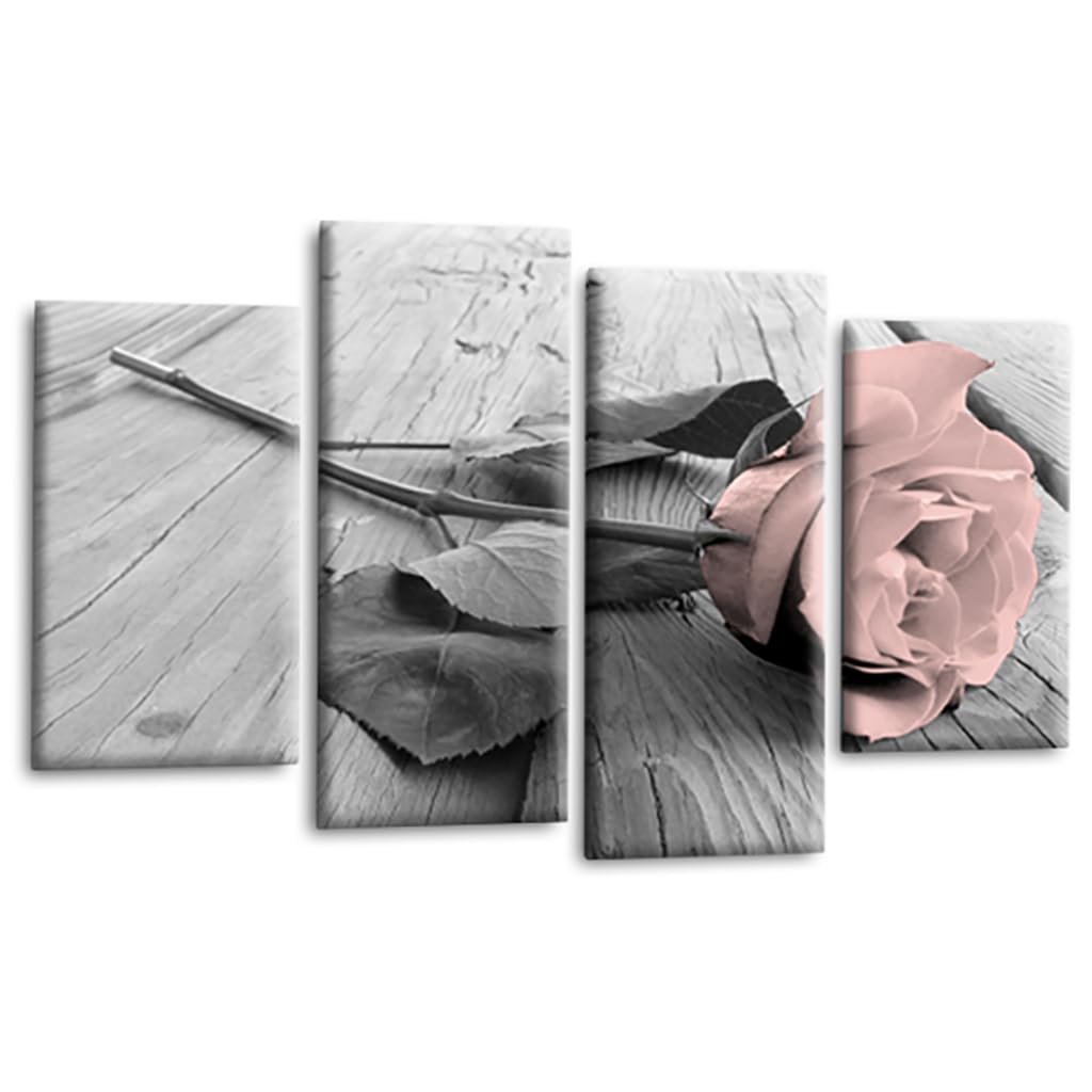 LR Floral Pink Rose Love Wall Art Picture – Grey & White Quote Framed 4 Panel Split Canvas Print | Ready to Hang | Modern Wall Art for Living Room, Bedroom & Office