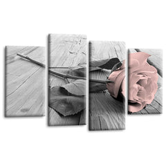 LR Floral Pink Rose Love Wall Art Picture – Grey & White Quote Framed 4 Panel Split Canvas Print | Ready to Hang | Modern Wall Art for Living Room, Bedroom & Office